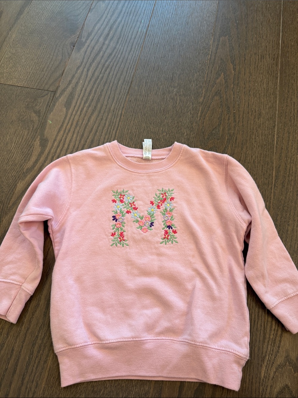 Rabbit Skins Pink Pullover Sweatshirt with Floral 'M' Embroidery- Size 4